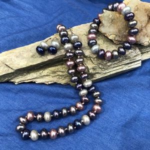 Genuine Pearl Necklace, Bracelet, and Earring Set